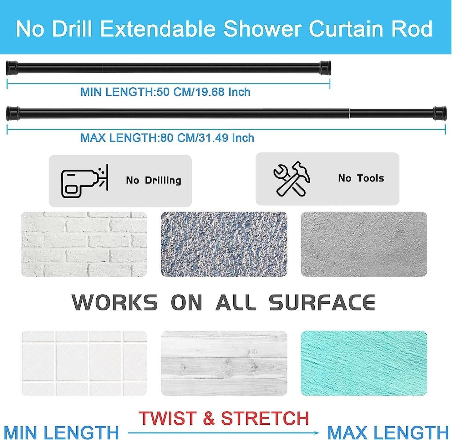 Shower Curtain Rod Extendable No Drill Tension Pole 63-85cm Silver