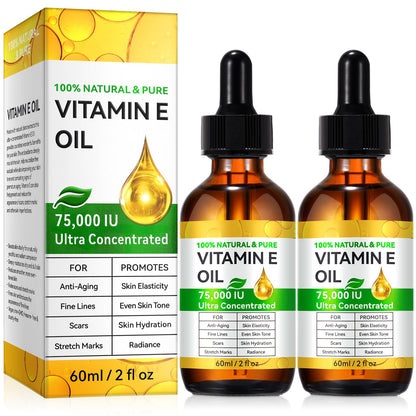 2-Pack Pure Vitamin E Oil 75,000 IU – Ultra Concentrated, Hexane-Free & Non-GMO for Skin, Hair & Nails