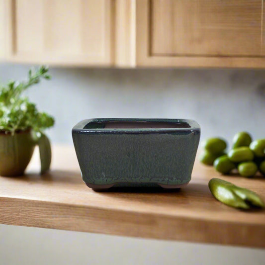 10cm Glazed Bonsai Pot | Square | 10cm x 5cm | Green