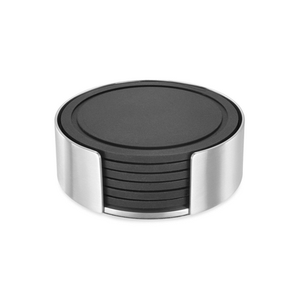 Zack Vetro Silicone Coaster Set with Brushed Steel Stand — Set of 6