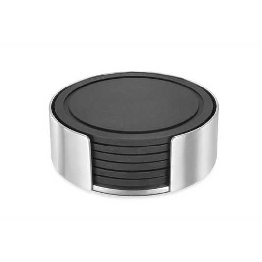 Zack Vetro Silicone Coaster Set with Brushed Steel Stand — Set of 6