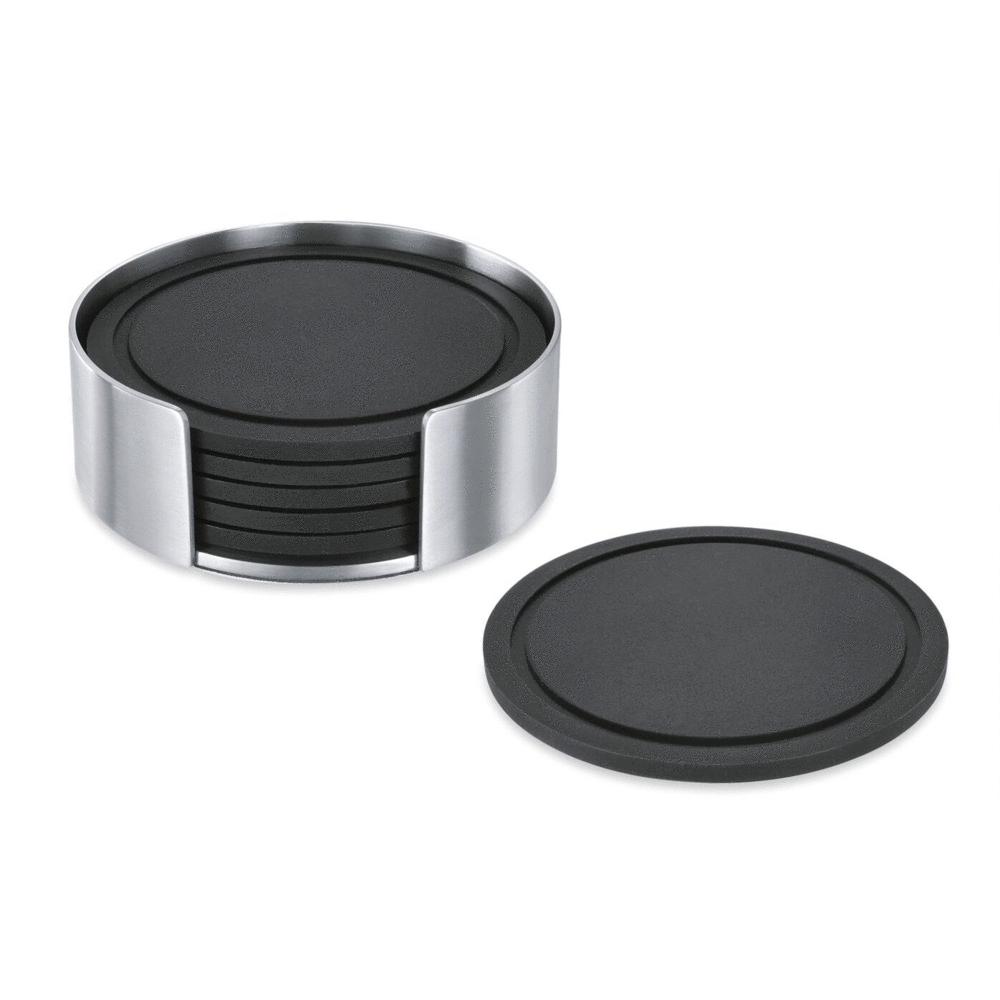 Zack Vetro Silicone Coaster Set with Brushed Steel Stand — Set of 6