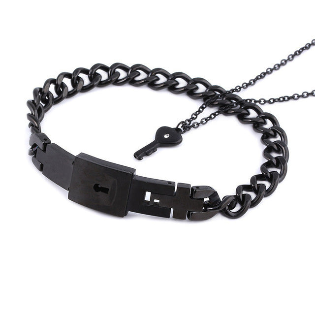Couple Love Lock Bracelet & Key Necklace Set