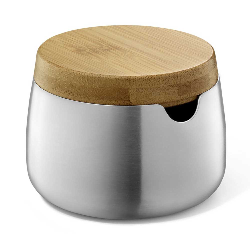 Zack Bevo Premium Brushed Stainless Steel Sugar Pot with Bamboo Accents - Award-Winning German Design