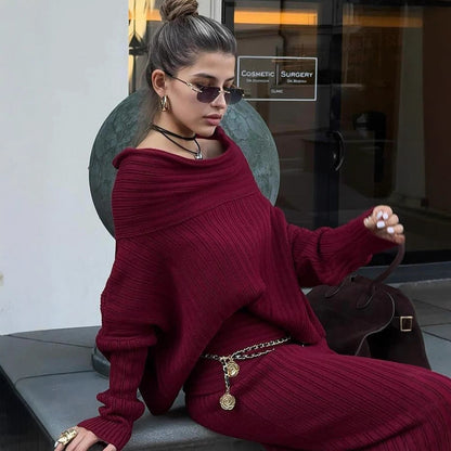 Women’s Winter Knitted Two-Piece Set – Off-Shoulder Sweater & Slim Skirt