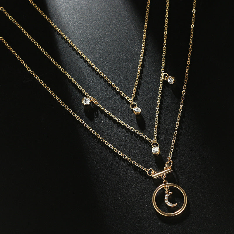Multi-Layer Gold Moon Rhinestone Pendant Choker Necklace