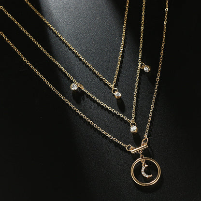 Multi-Layer Gold Moon Rhinestone Pendant Choker Necklace