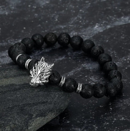 Asgard Crafted Grey Wolf Head and Lava Stone Bracelet