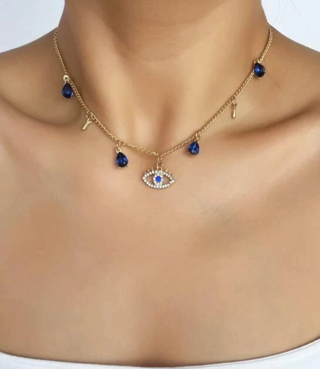 Gold Plated Blue Eye Crystal Necklace