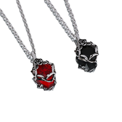 Black & Red Ruby Necklace with Flower Pendant