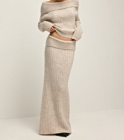 Women’s Winter Knitted Two-Piece Set – Off-Shoulder Sweater & Slim Skirt