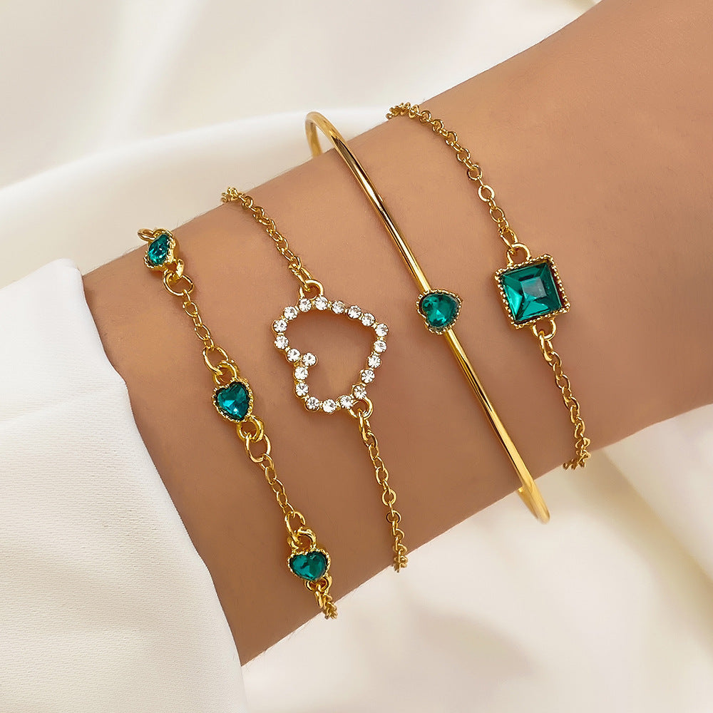 Vintage Inlaid Green Square Bracelet Set, 4 Pcs