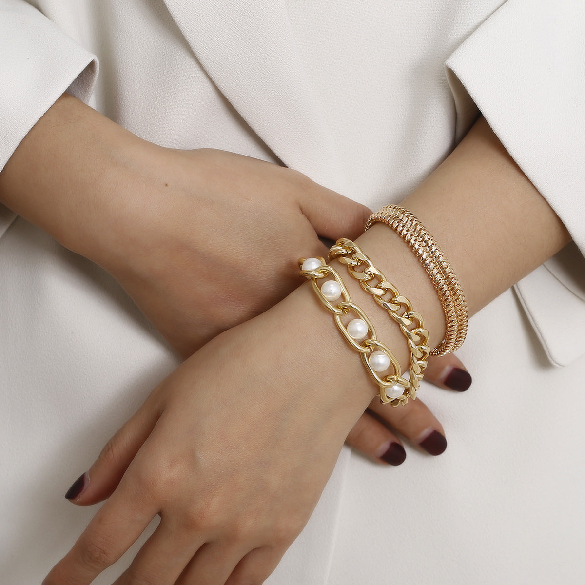 Inlaid Pearl Bracelet Chain, 3pc Set