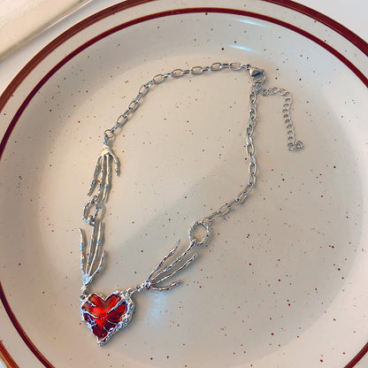 Punk Dark Red Love Heart Pendant Necklace