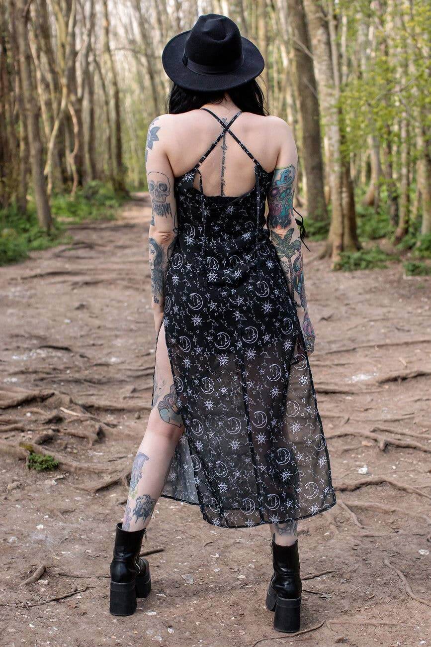 Alternative Moonprint Maxi Dress With Straps And Leg Split