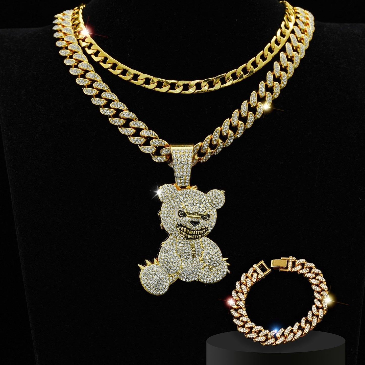 Fully jewelled Bear Pendant Necklace & Bracelet Set, 3Pcs