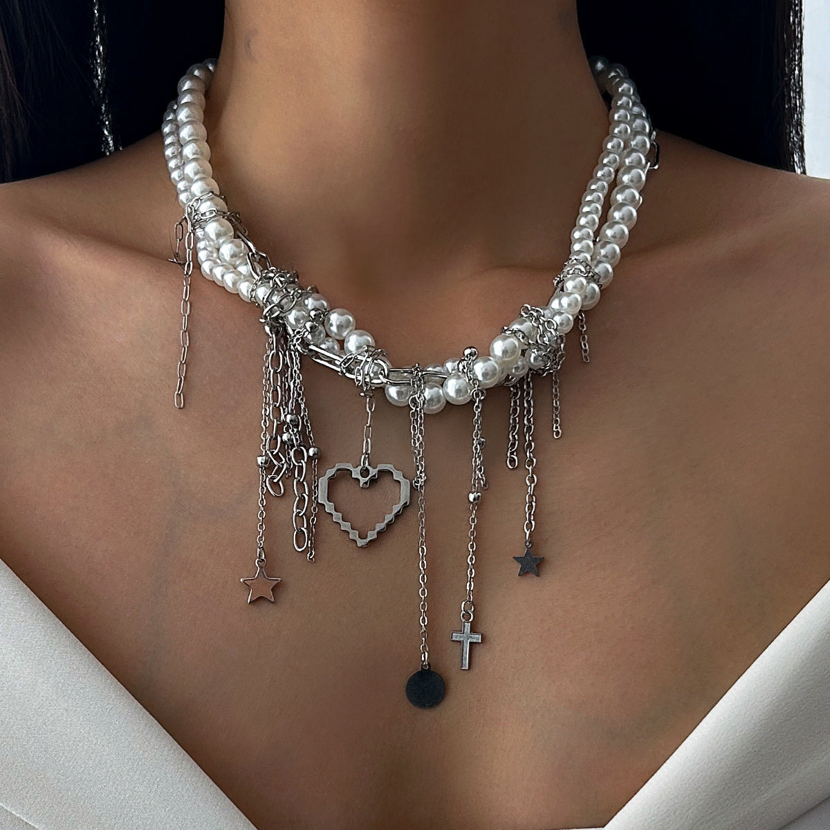 Metal Star Moon Tassel Necklace