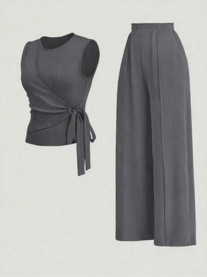 Side Tie Round Neck Tank and Pants Set