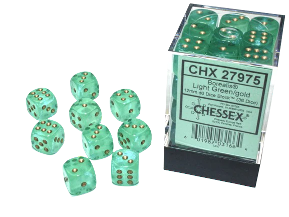Chessex - Borealis 12mm D6 Dice Block - Luminary Light Green & Gold Dice Block