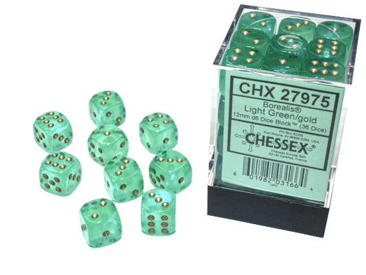 Chessex - Borealis 12mm D6 Dice Block - Luminary Light Green & Gold Dice Block