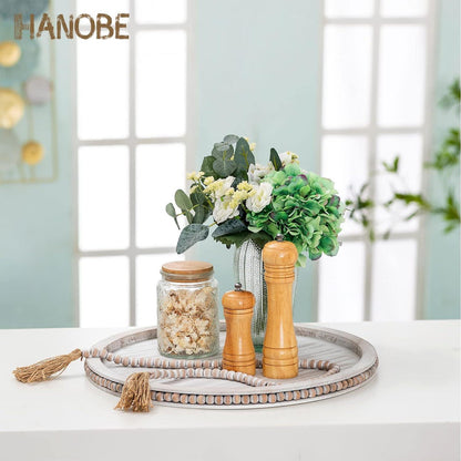 Round Decorative Wooden Tray 18 Inch Beaded Table Centerpiece HANOBE