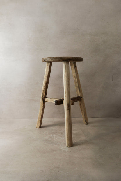 Vintage Rustic Elm Wood Stool - Round - No 4