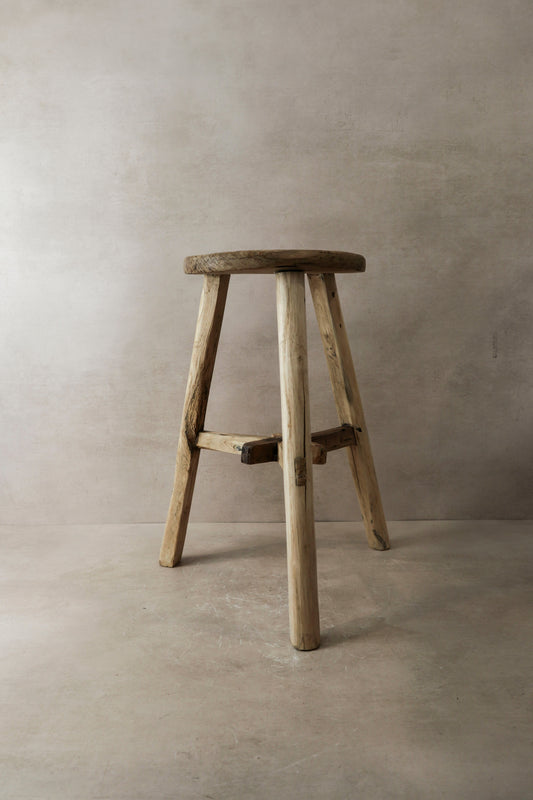 Vintage Rustic Elm Wood Stool - Round - No 4