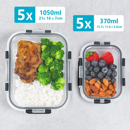 Glass Containers with Lids (10 Pack) – Airtight & BPA-Free – Oven, Microwave, Freezer & Dishwasher Safe – 370ml & 1050ml – Durable Borosilicate Glass