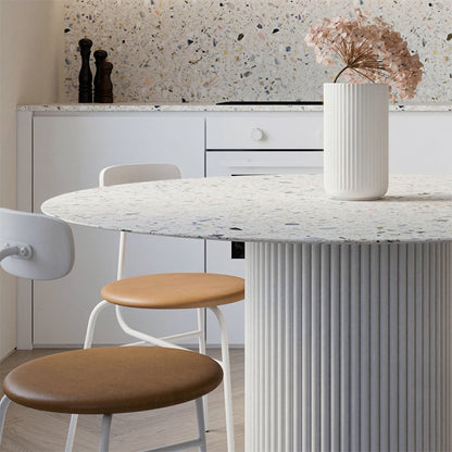 Cracky White Round Dining Table, Premium Terrazzo And Wood Base