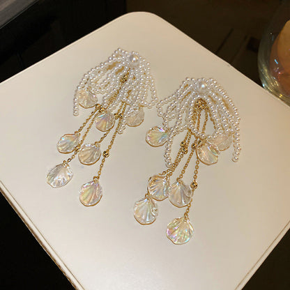 Women’s Bow Shell Long Pearl Tassel Earrings