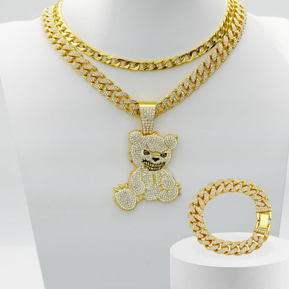 Fully jewelled Bear Pendant Necklace & Bracelet Set, 3Pcs