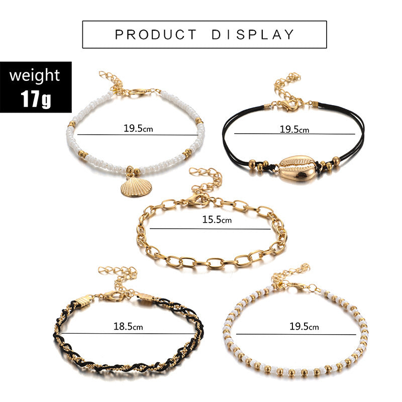 Shell Braided Multi-Layer Anklet Set – 5-Piece