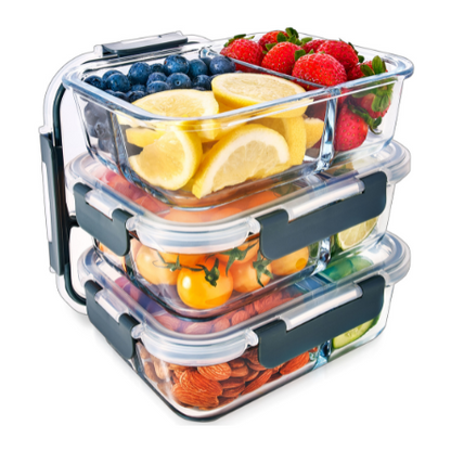 3-Compartment Glass Containers with Airtight Lids - 980ml - 3 PACK