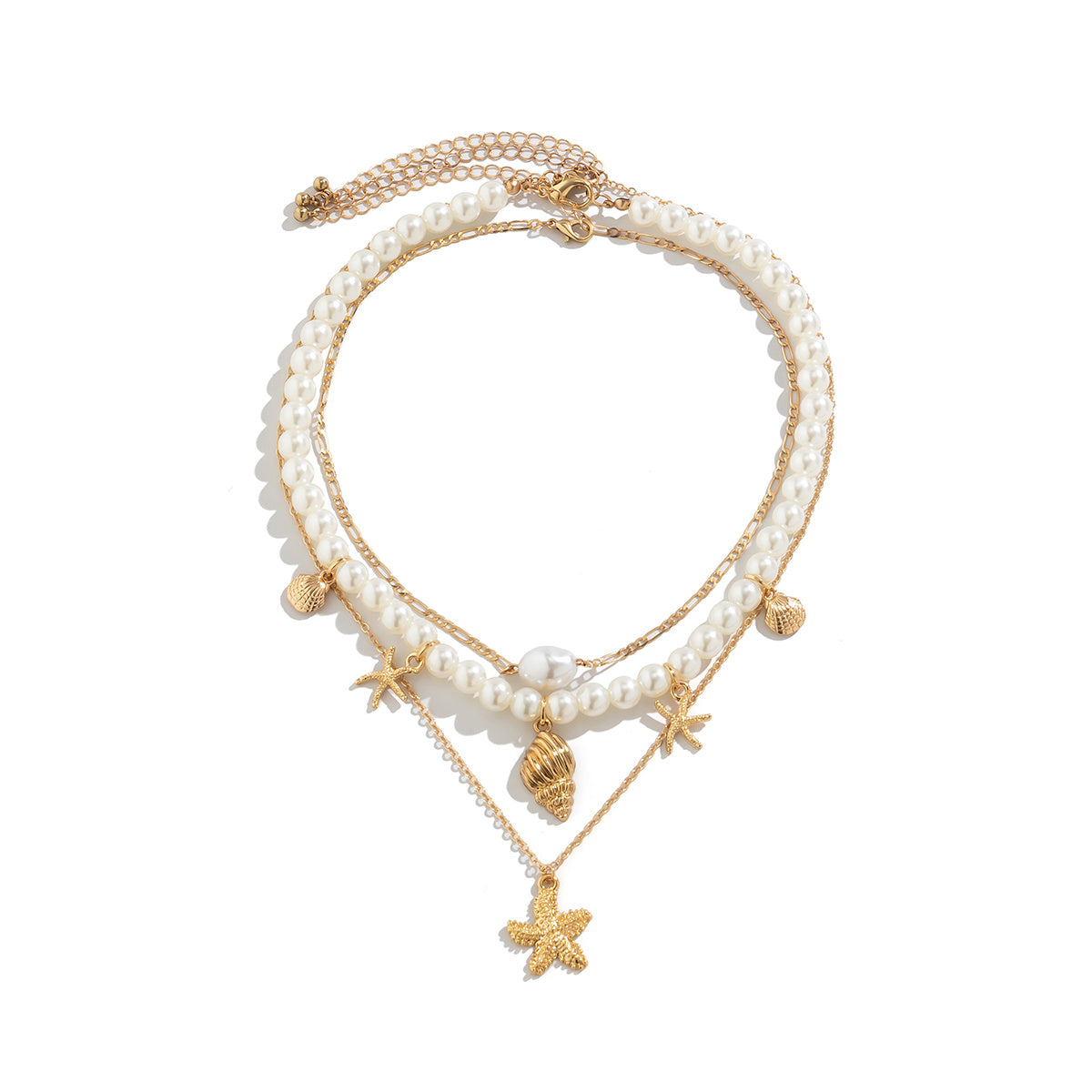 Multi-Layer Starfish Shell Pearl, Cross, Palm Tree Necklaces, 3Pc Set