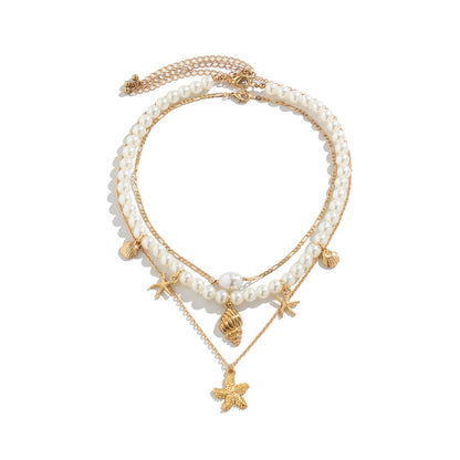 Multi-Layer Starfish Shell Pearl, Cross, Palm Tree Necklaces, 3Pc Set