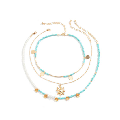 Multi-Layer Ethnic Sunflower Pendant Collarbone Necklace