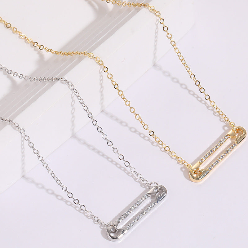 Safety Pin Zircon Pendant Necklace