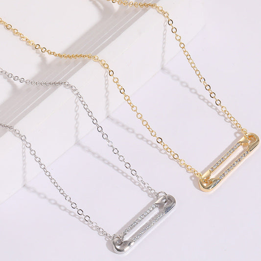 Safety Pin Zircon Pendant Necklace