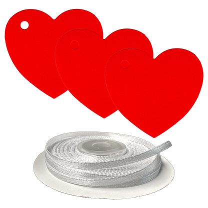 100 Heart Shaped Gift Tags with White Satin Ribbon -  21 Colours, Birthday Xmas