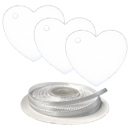100 Heart Shaped Gift Tags with White Satin Ribbon -  21 Colours, Birthday Xmas