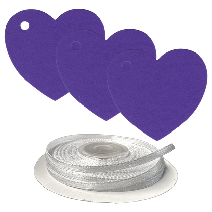 100 Heart Shaped Gift Tags with White Satin Ribbon -  21 Colours, Birthday Xmas