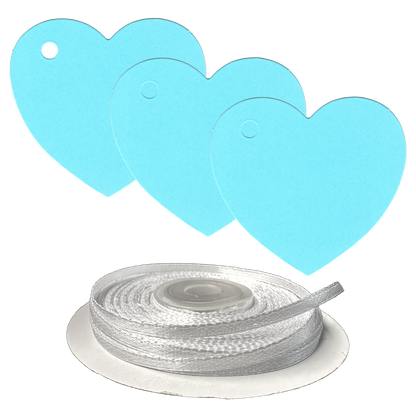 100 Heart Shaped Gift Tags with White Satin Ribbon -  21 Colours, Birthday Xmas