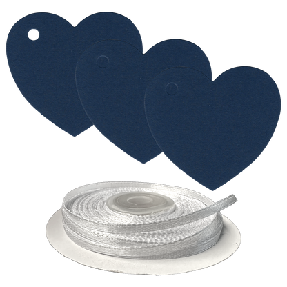 100 Heart Shaped Gift Tags with White Satin Ribbon -  21 Colours, Birthday Xmas