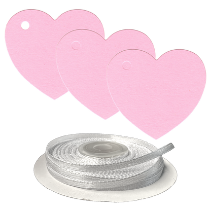 100 Heart Shaped Gift Tags with White Satin Ribbon -  21 Colours, Birthday Xmas