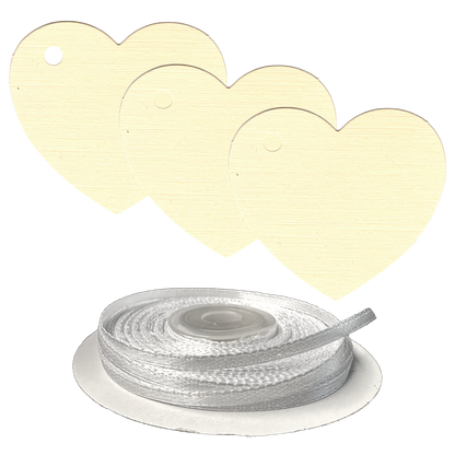100 Heart Shaped Gift Tags with White Satin Ribbon -  21 Colours, Birthday Xmas