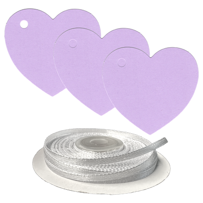 100 Heart Shaped Gift Tags with White Satin Ribbon -  21 Colours, Birthday Xmas