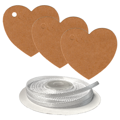 100 Heart Shaped Gift Tags with White Satin Ribbon -  21 Colours, Birthday Xmas