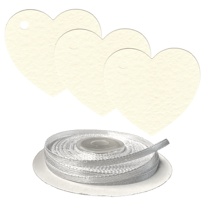 100 Heart Shaped Gift Tags with White Satin Ribbon -  21 Colours, Birthday Xmas