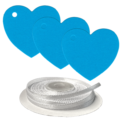 100 Heart Shaped Gift Tags with White Satin Ribbon -  21 Colours, Birthday Xmas