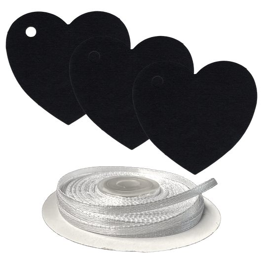 100 Heart Shaped Gift Tags with White Satin Ribbon -  21 Colours, Birthday Xmas